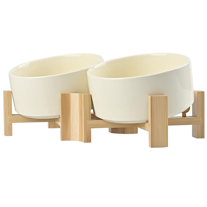 15° Slanted Ceramic Bowl Set with Wooden Stand | Tilted Food & Water Bowl