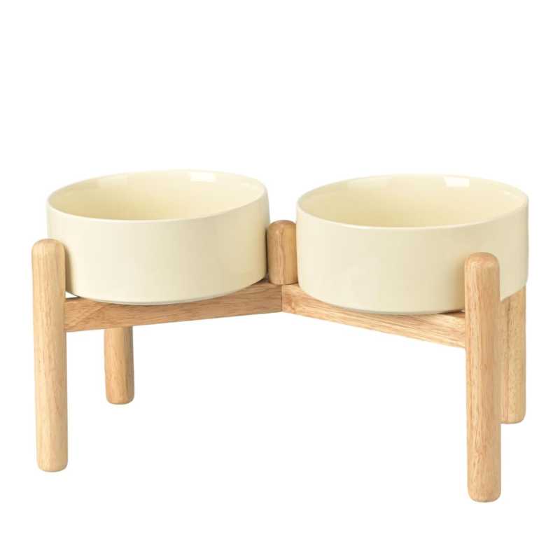 Elevated Dog Ceramics Food & Water Bowl Set with Wooden Stand