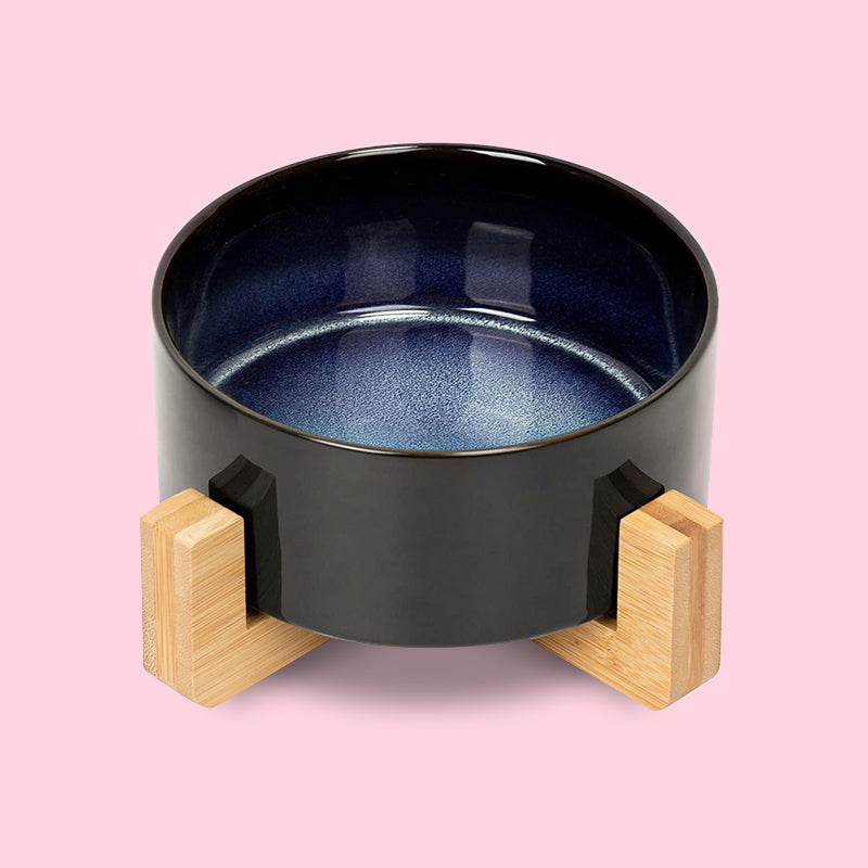 the front view of a ceramic dog bowl with starry sky pattern in the pink background