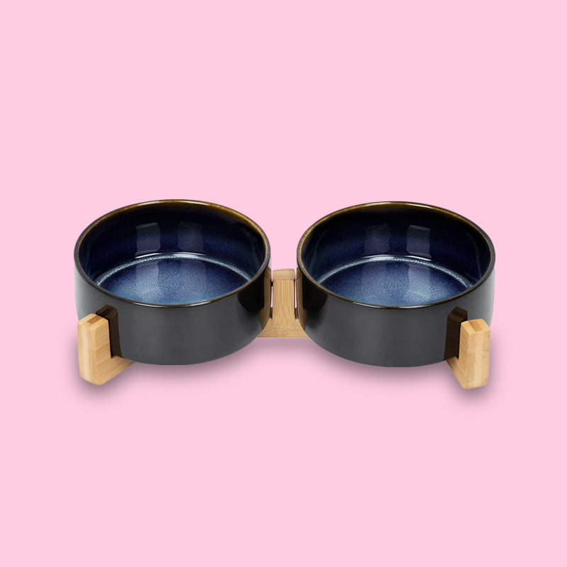 the front view of a ceramic dog bowl set with starry sky pattern in the pink background