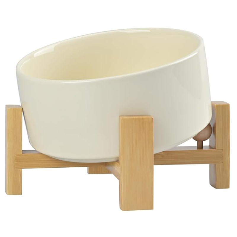 15° Slanted Ceramic Pet Bowl with Wooden Stand | Tilted Bowl for Cats & Flat Face Pets