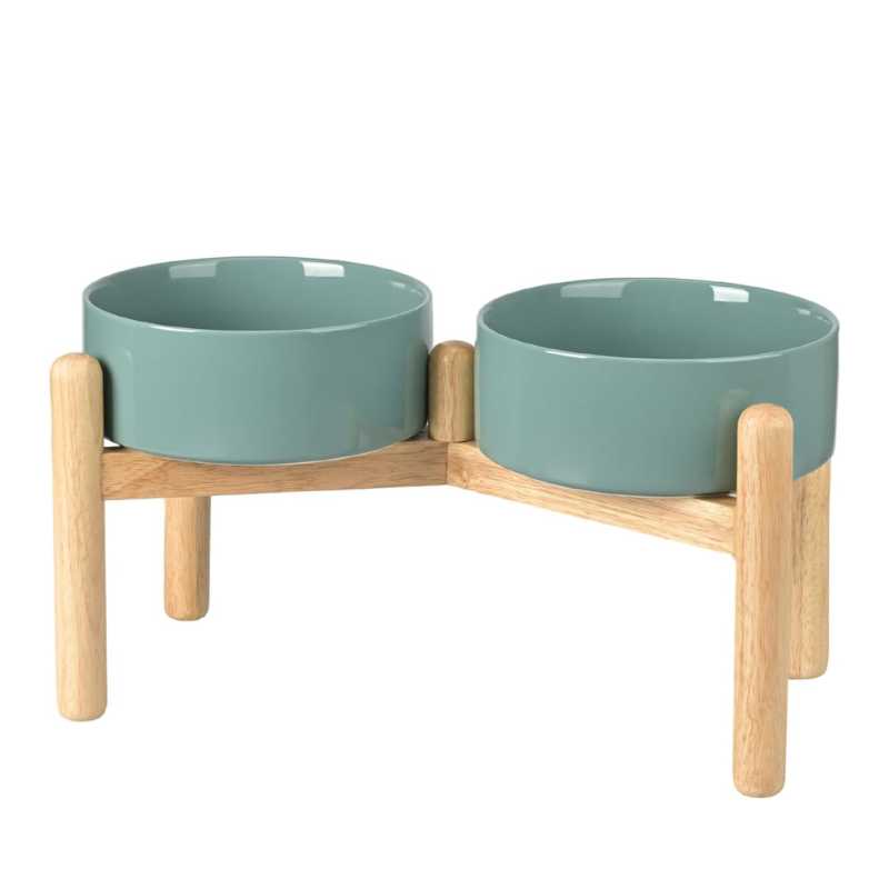 Elevated Dog Ceramics Food & Water Bowl Set with Wooden Stand