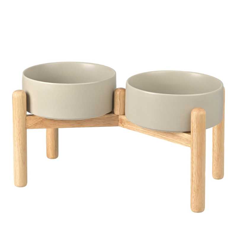 Elevated Dog Ceramics Food & Water Bowl Set with Wooden Stand