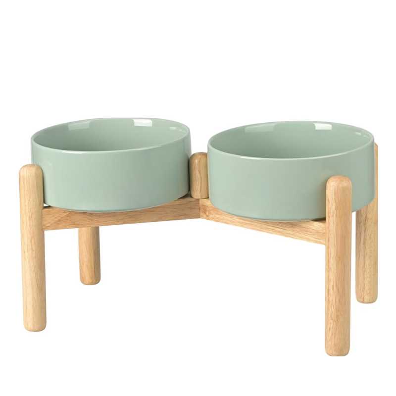 Elevated Dog Ceramics Food & Water Bowl Set with Wooden Stand