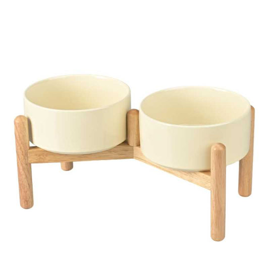 Elevated Dog Ceramics Food & Water Bowl Set with Wooden Stand
