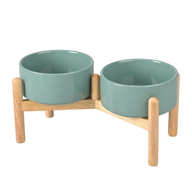 Elevated Dog Ceramics Food & Water Bowl Set with Wooden Stand