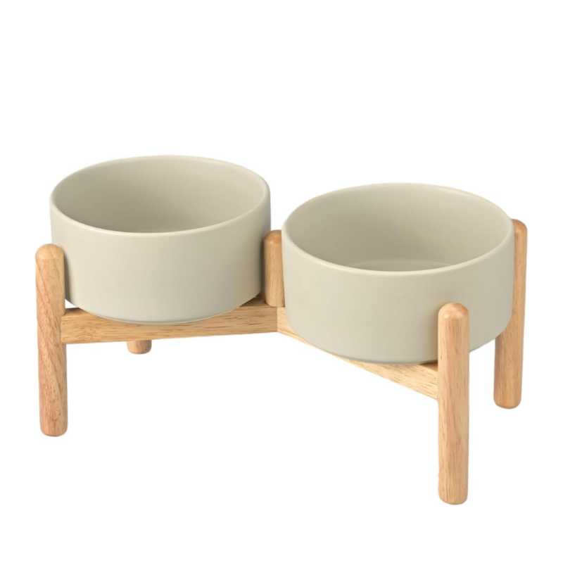 Elevated Dog Ceramics Food & Water Bowl Set with Wooden Stand