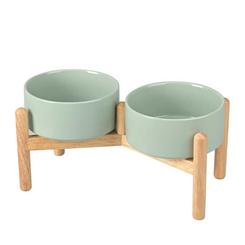 Elevated Dog Ceramics Food & Water Bowl Set with Wooden Stand