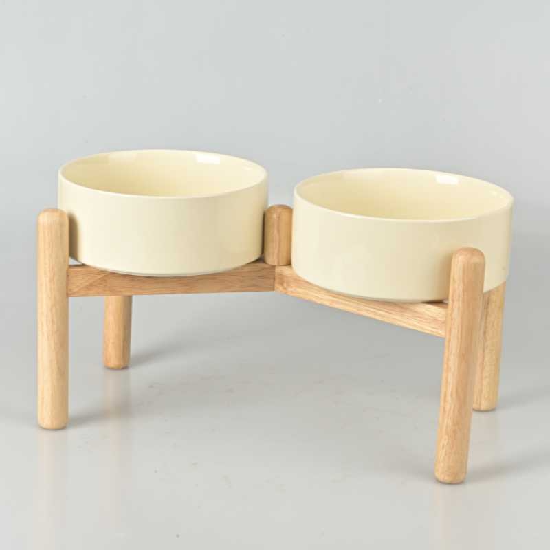 Elevated Dog Ceramics Food & Water Bowl Set with Wooden Stand