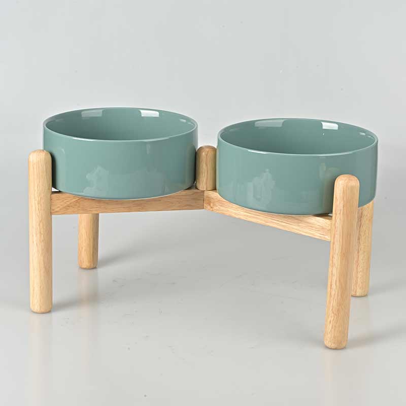 Elevated Dog Ceramics Food & Water Bowl Set with Wooden Stand