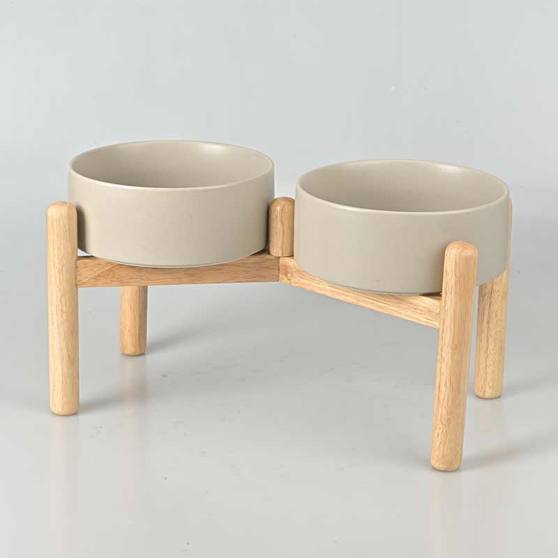 Elevated Dog Ceramics Food & Water Bowl Set with Wooden Stand