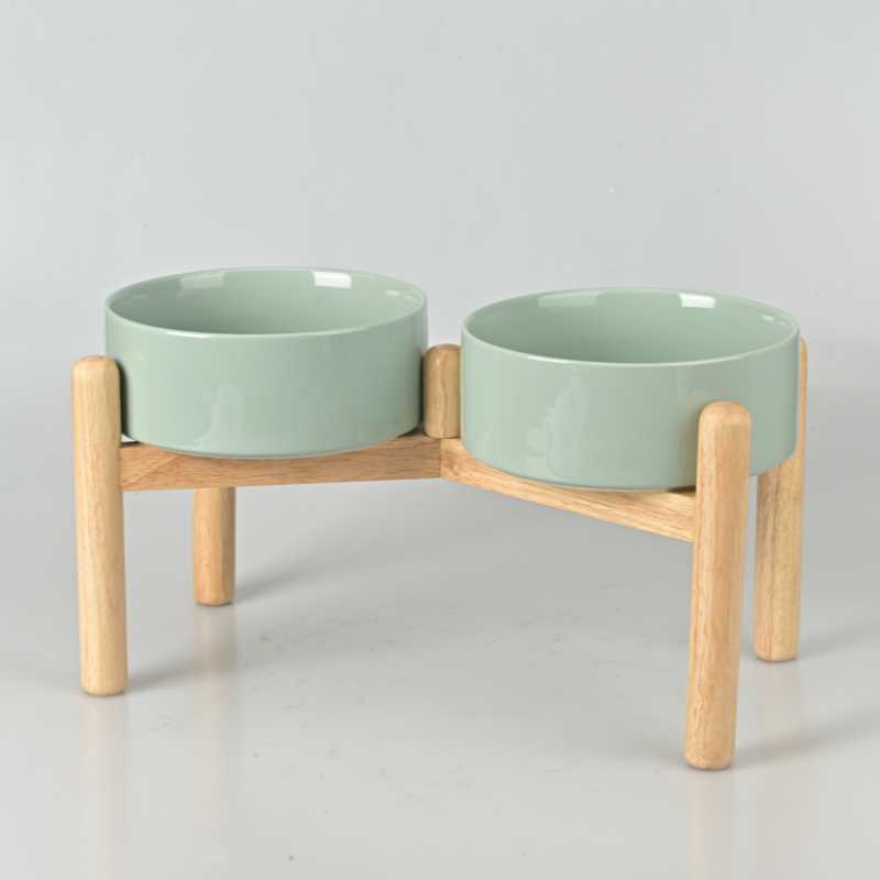 Elevated Dog Ceramics Food & Water Bowl Set with Wooden Stand