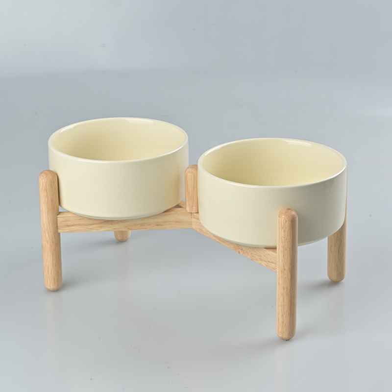 Elevated Dog Ceramics Food & Water Bowl Set with Wooden Stand