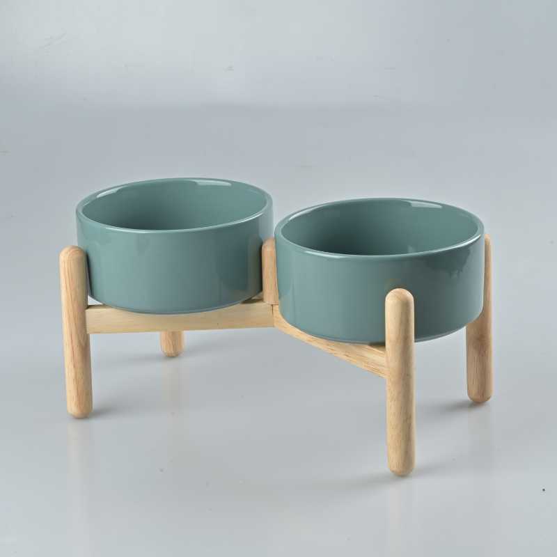 Elevated Dog Ceramics Food & Water Bowl Set with Wooden Stand