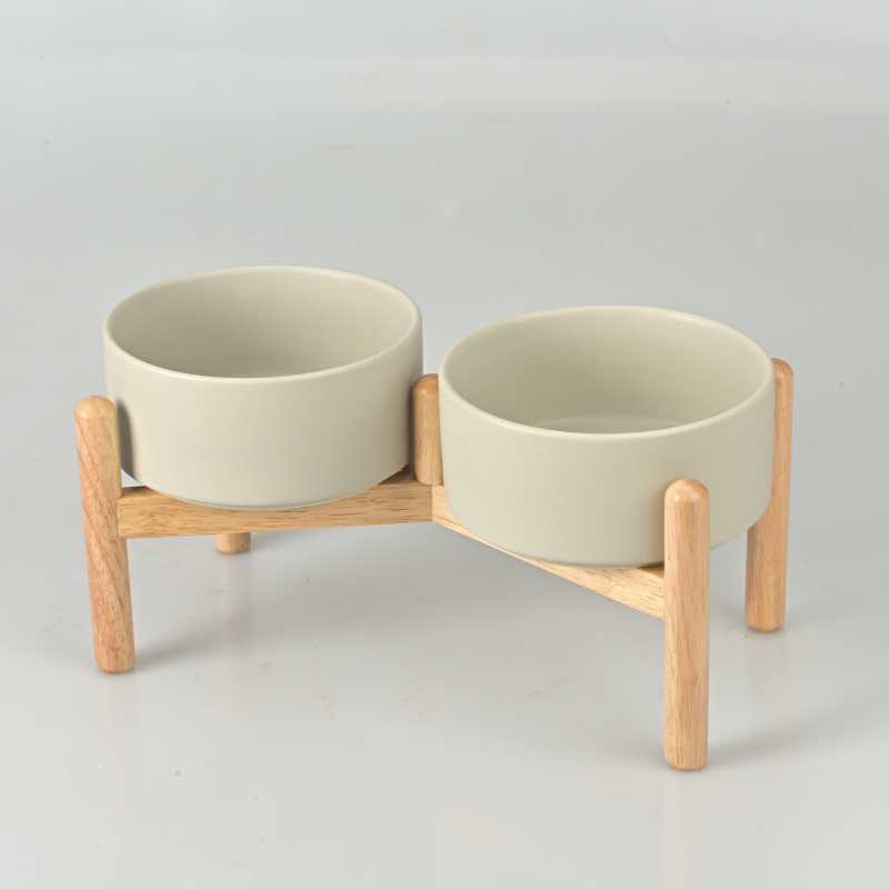 Elevated Dog Ceramics Food & Water Bowl Set with Wooden Stand