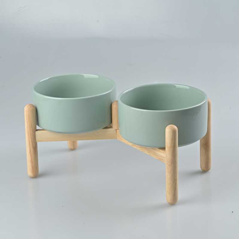 Elevated Dog Ceramics Food & Water Bowl Set with Wooden Stand