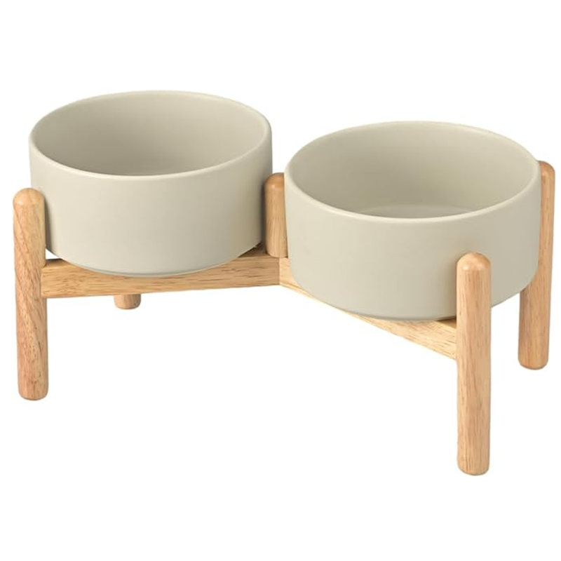 Elevated Dog Ceramics Food & Water Bowl Set with Wooden Stand