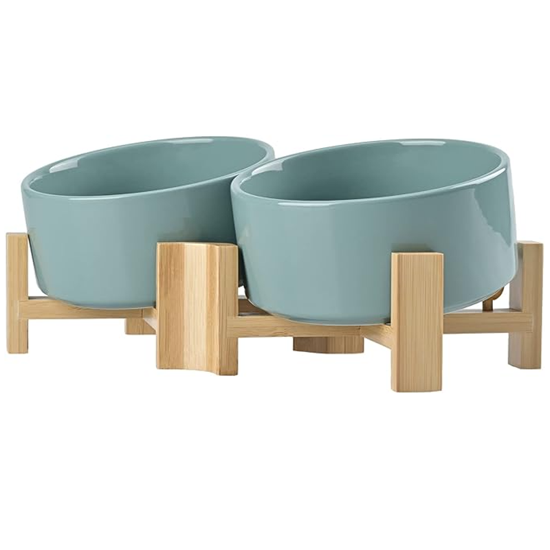 15° Slanted Ceramic Bowl Set with Wooden Stand | Tilted Food & Water Bowl