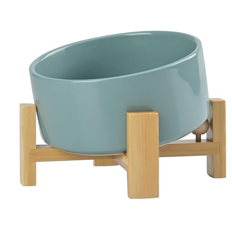 15° Slanted Ceramic Pet Bowl with Wooden Stand | Tilted Bowl for Cats & Flat Face Pets