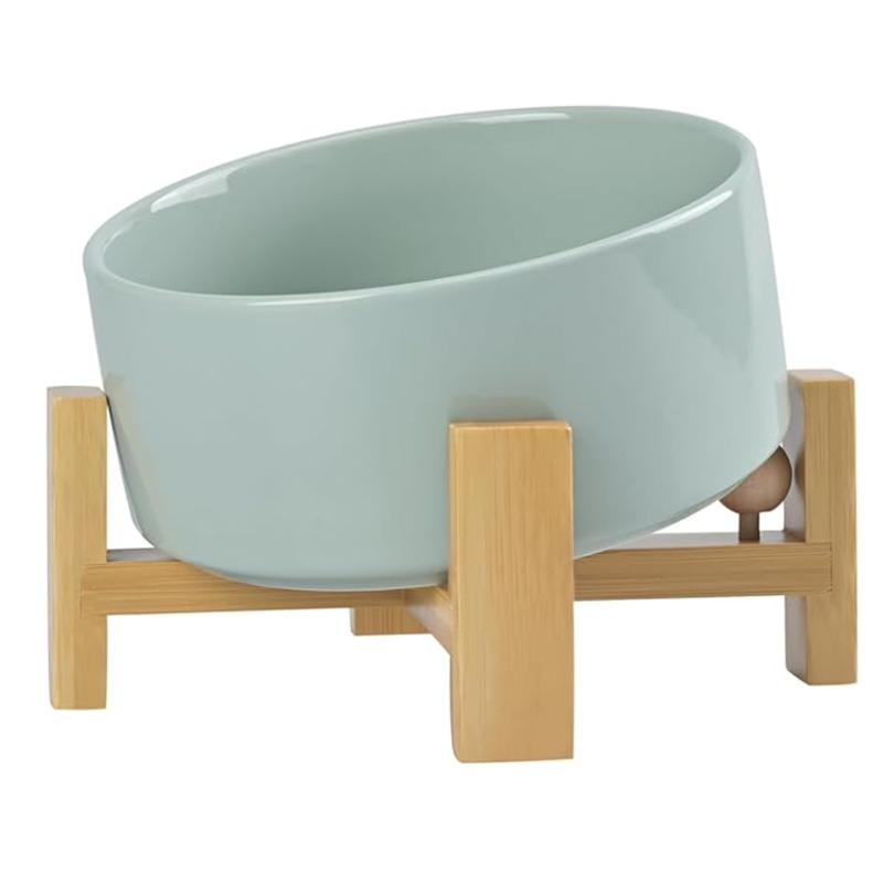 15° Slanted Ceramic Pet Bowl with Wooden Stand | Tilted Bowl for Cats & Flat Face Pets