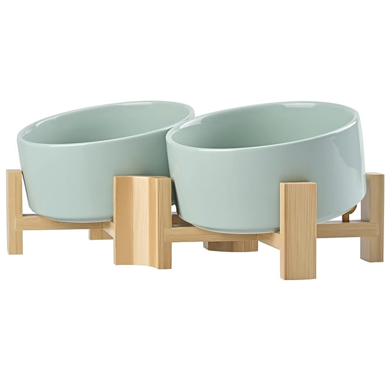 15° Slanted Ceramic Bowl Set with Wooden Stand | Tilted Food & Water Bowl