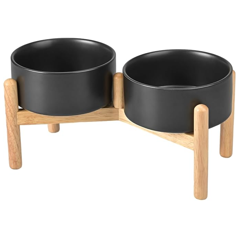 Elevated Dog Ceramics Food & Water Bowl Set with Wooden Stand